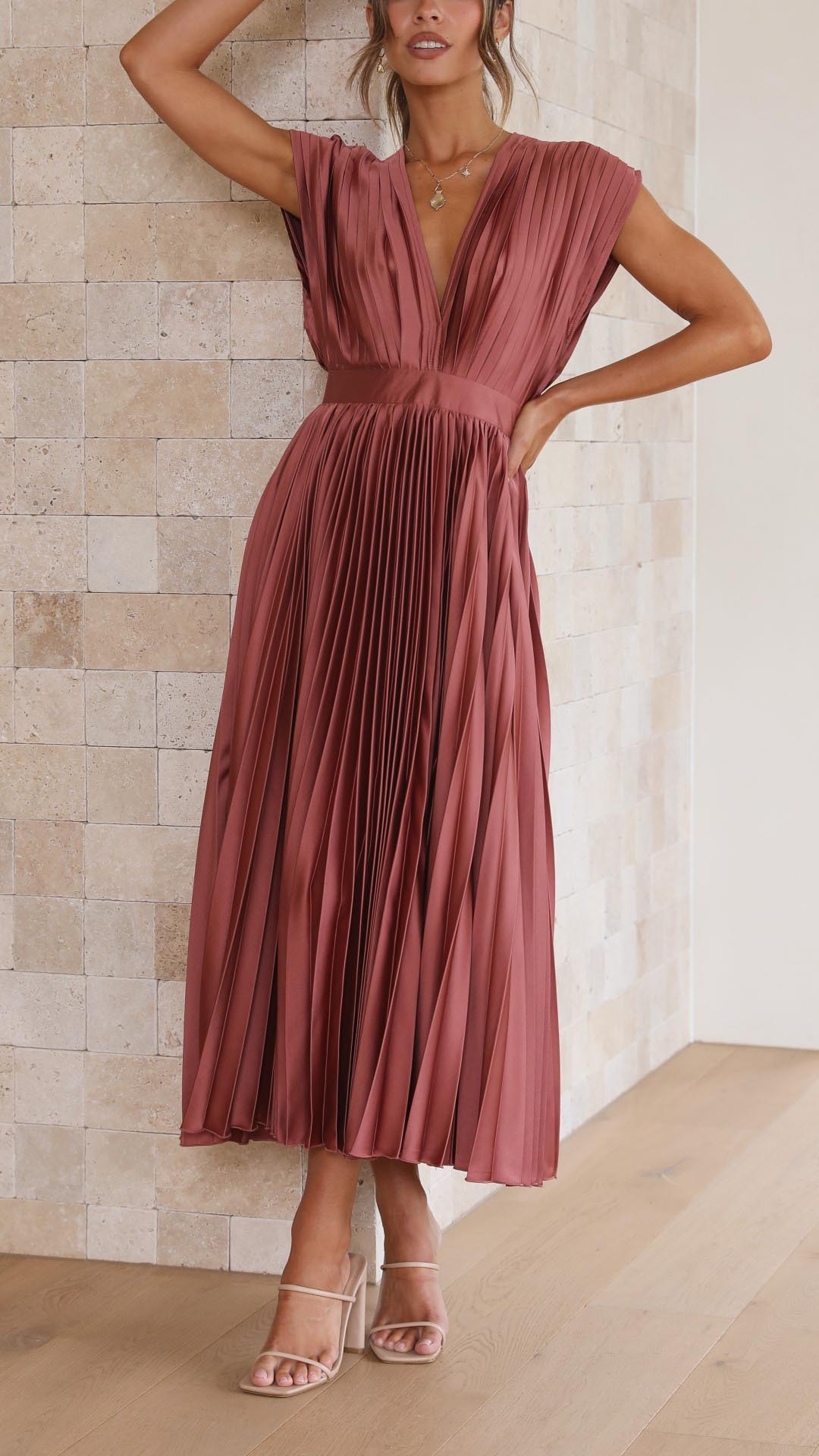 Women’s Pleated Maxi Dress - V-Neck High Waist Dress - Maria