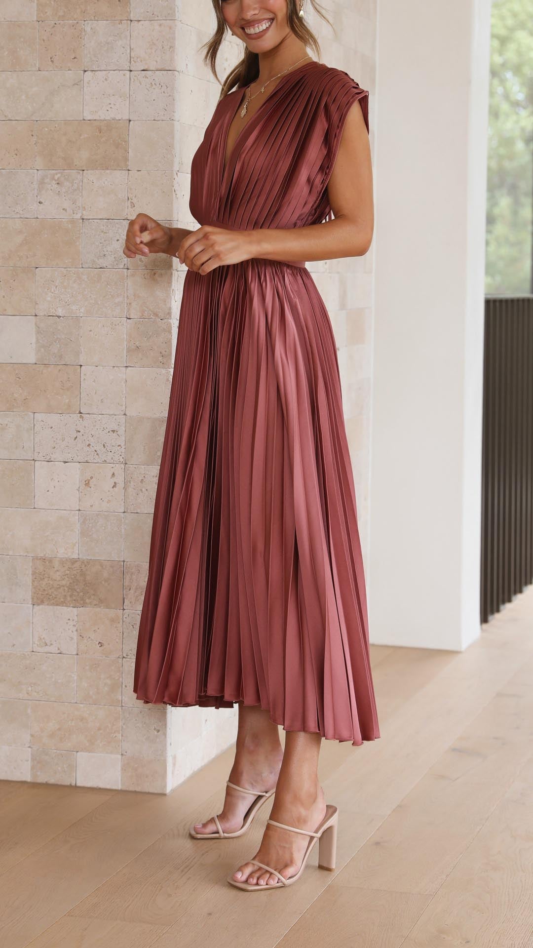 Women’s Pleated Maxi Dress - V-Neck High Waist Dress - Maria
