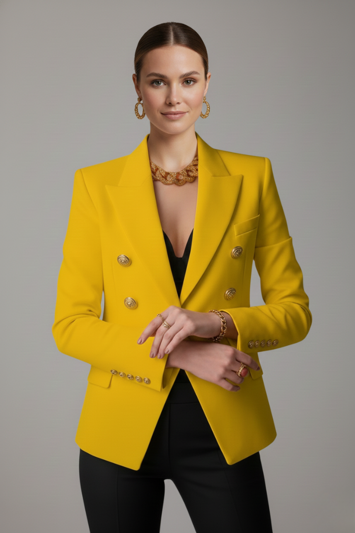 Women’s Gold Button Blazer – Double-Breasted Tailored Style - Julia