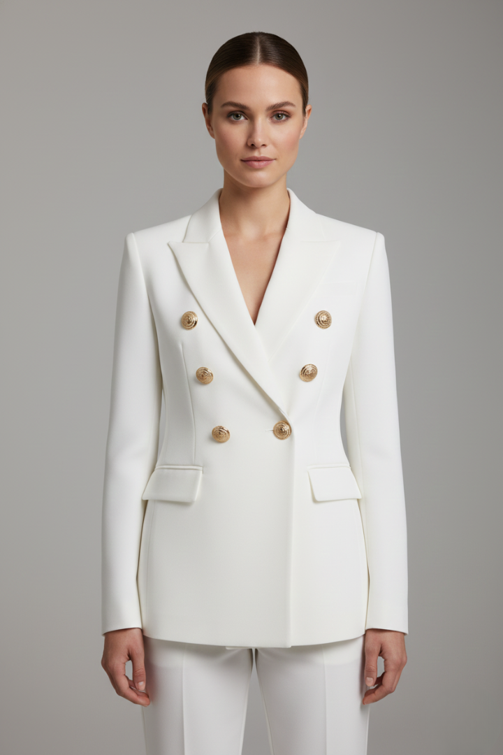 Women’s Gold Button Blazer – Double-Breasted Tailored Style - Julia