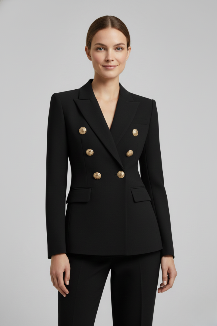 Women’s Gold Button Blazer – Double-Breasted Tailored Style - Julia