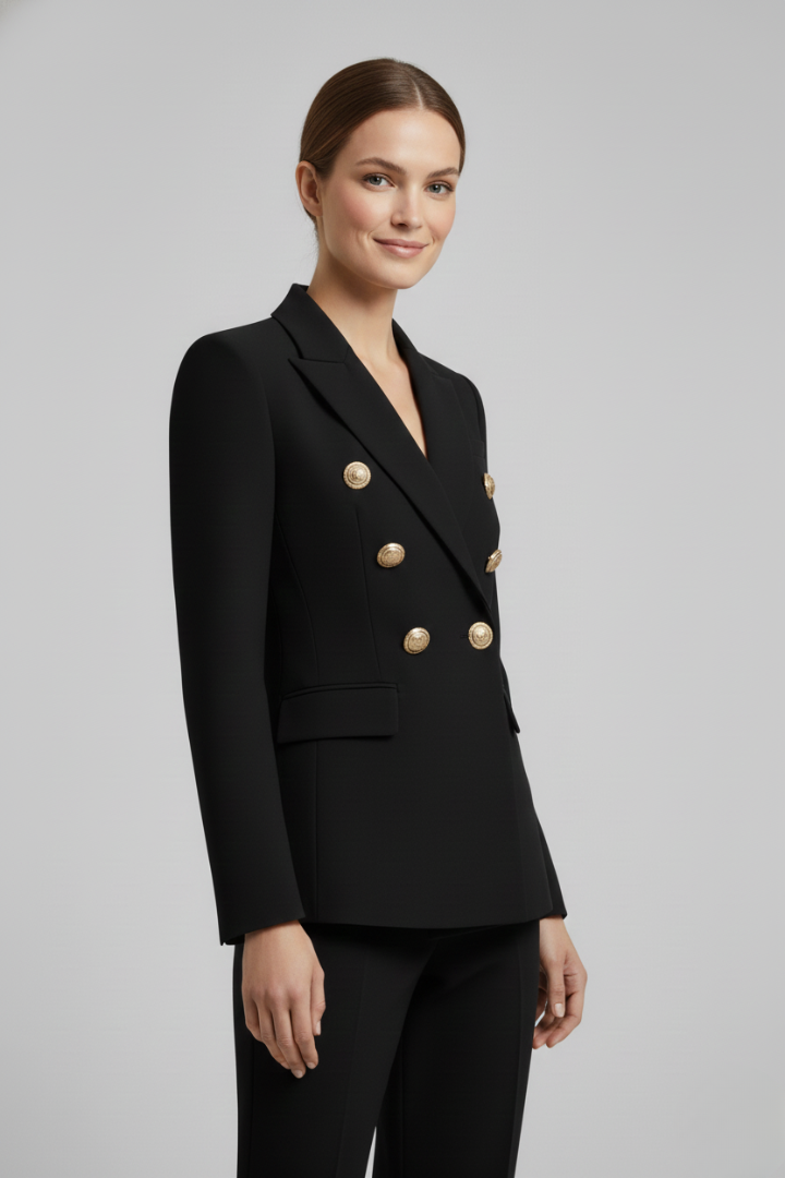 Women’s Gold Button Blazer – Double-Breasted Tailored Style - Julia