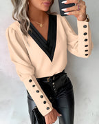 Women’s V-Neck Blouse – Color Block Casual Blouse – Caris