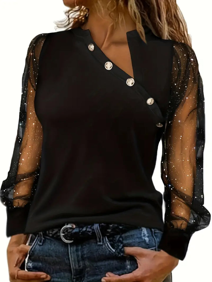 Women’s Asymmetrical Blouse – Mesh Sleeve Statement Blouse – Zoey