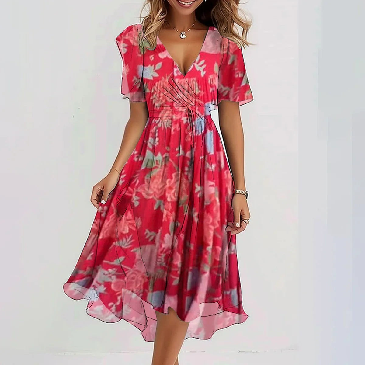 Women’s Midi Dress - Floral V-Neck Chiffon Dress - Emily
