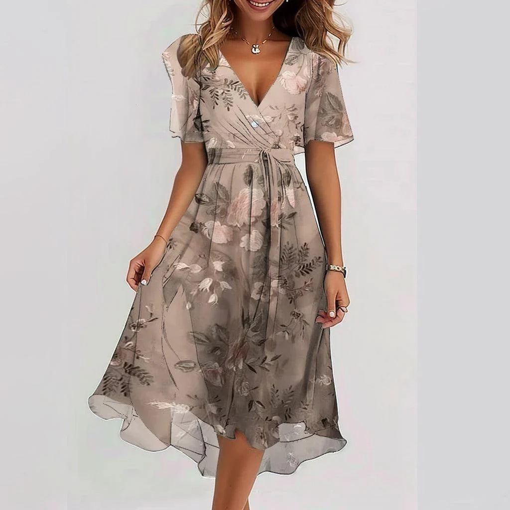 Women’s Midi Dress - Floral V-Neck Chiffon Dress - Emily