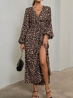 Women’s Leopard Print Midi Dress – V-Neck Fitted Casual Dress – Leila