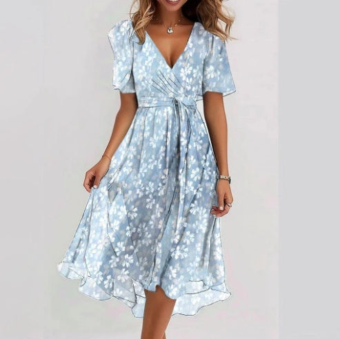 Women’s Midi Dress - Floral V-Neck Chiffon Dress - Emily