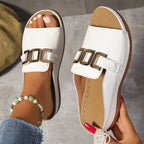 Women’s Gold Buckle Slide Sandals - Chic Everyday Comfort - Kaia