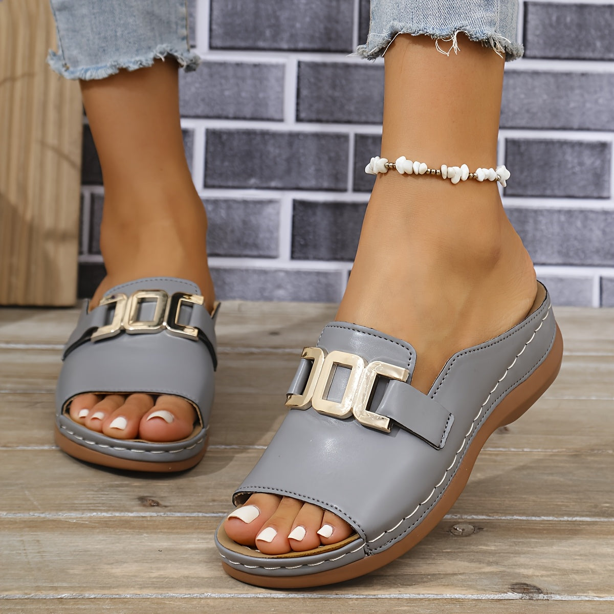 Women’s Gold Buckle Slide Sandals - Chic Everyday Comfort - Kaia