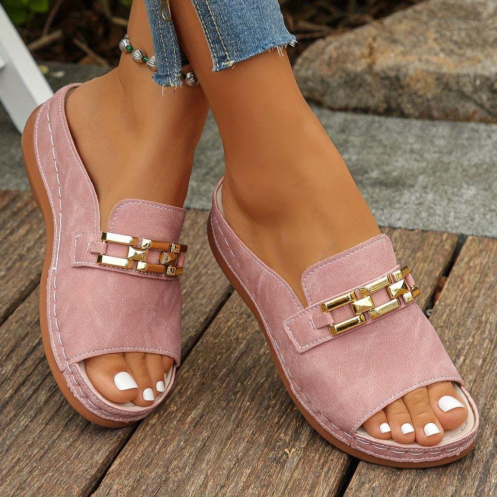 Women’s Gold-Link Slide Sandals - Chic Comfort Fit - Romy