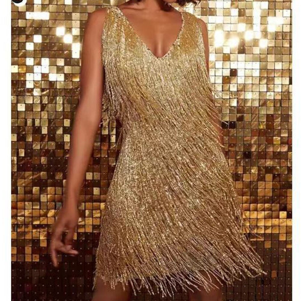 Women’s Tassel Dress – Sleeveless Sparkly Party Mini Dress – Elin