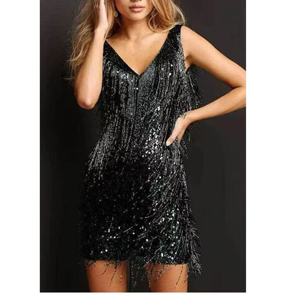 Women’s Tassel Dress – Sleeveless Sparkly Party Mini Dress – Elin