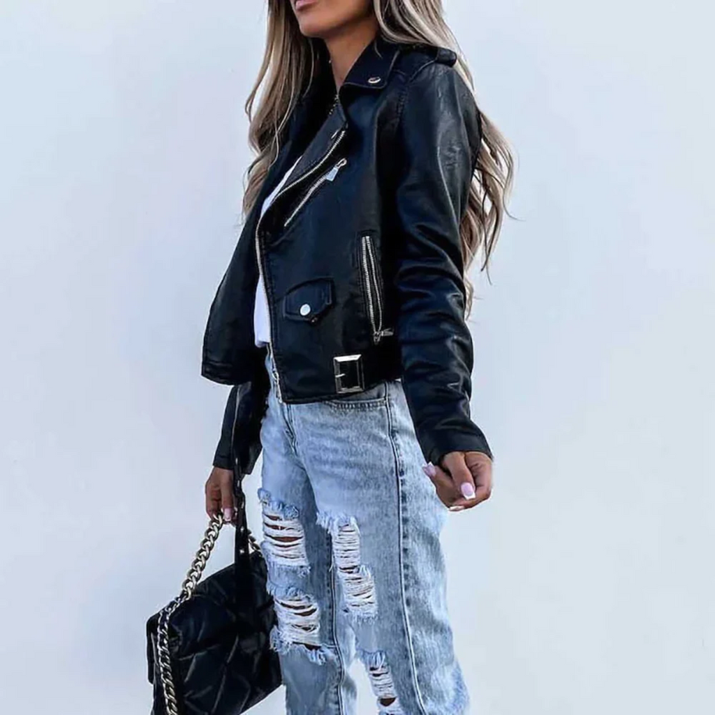 Women’s Faux Leather Jacket - Belted High Collar Jacket - Eva