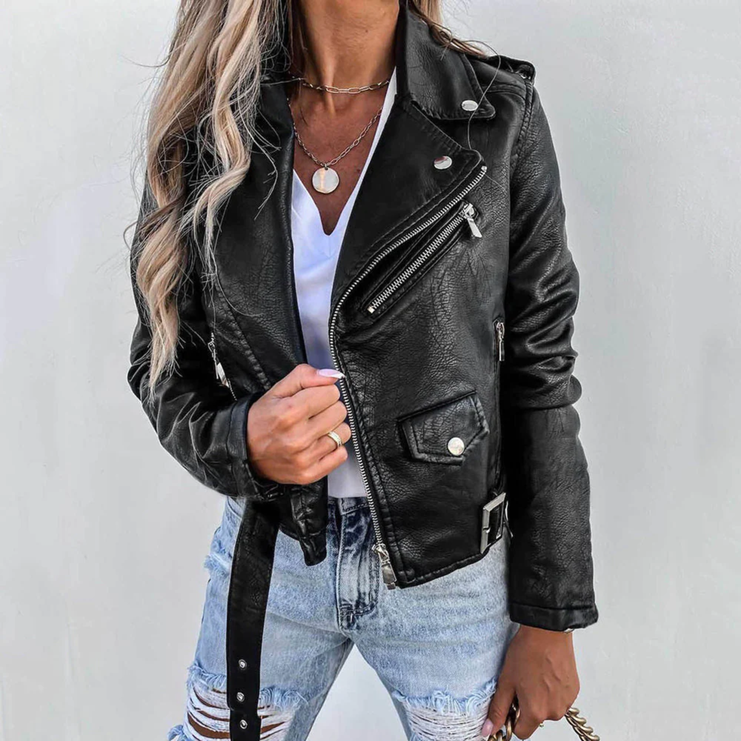 Women’s Faux Leather Jacket - Belted High Collar Jacket - Eva