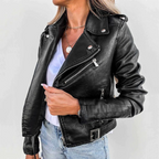 Women’s Faux Leather Jacket - Belted High Collar Jacket - Eva
