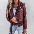 Women’s Faux Leather Jacket - Belted High Collar Jacket - Eva