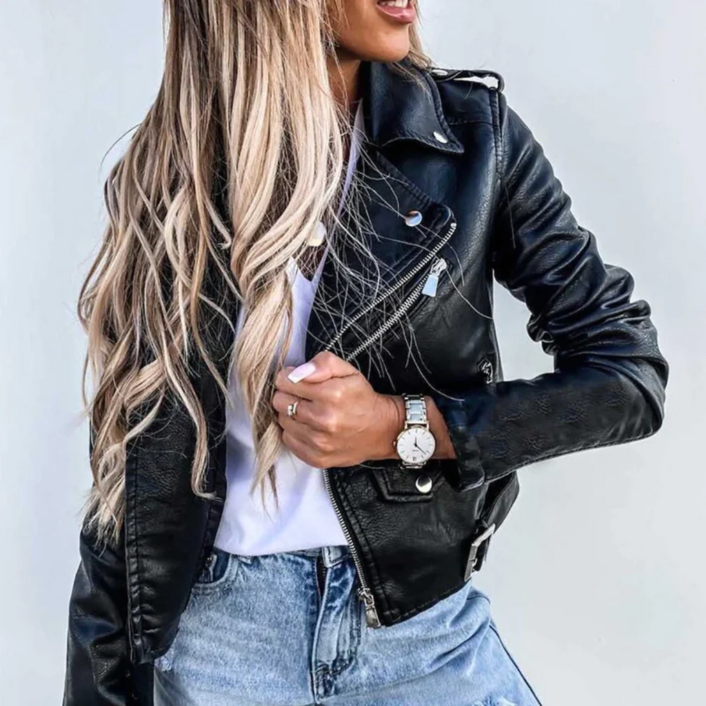 Women’s Faux Leather Jacket - Belted High Collar Jacket - Eva