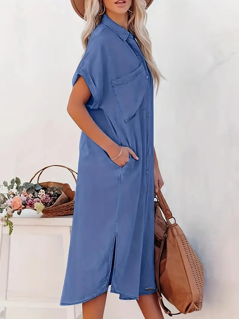 Women’s Shirt Dress – Button Down Slit Casual Midi Dress – Jasmijn