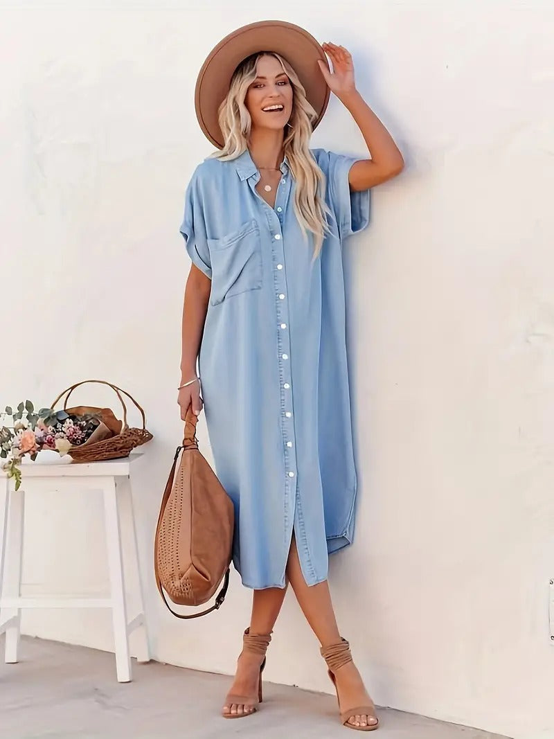 Women’s Shirt Dress – Button Down Slit Casual Midi Dress – Jasmijn