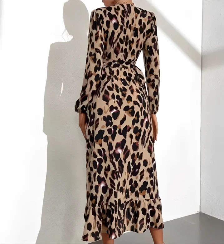 Women’s Leopard Print Midi Dress – V-Neck Fitted Casual Dress – Leila