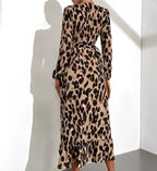 Women’s Leopard Print Midi Dress – V-Neck Fitted Casual Dress – Leila