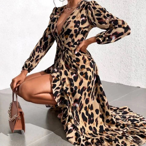 Women’s Leopard Print Midi Dress – V-Neck Fitted Casual Dress – Leila