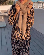 Women’s Leopard Print Midi Dress – V-Neck Fitted Casual Dress – Leila