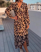 Women’s Leopard Print Midi Dress – V-Neck Fitted Casual Dress – Leila