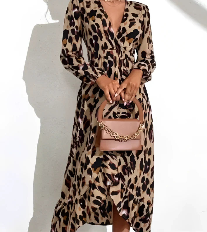 Women’s Leopard Print Midi Dress – V-Neck Fitted Casual Dress – Leila