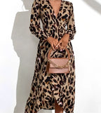 Women’s Leopard Print Midi Dress – V-Neck Fitted Casual Dress – Leila