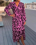 Women’s Leopard Print Midi Dress – V-Neck Fitted Casual Dress – Leila