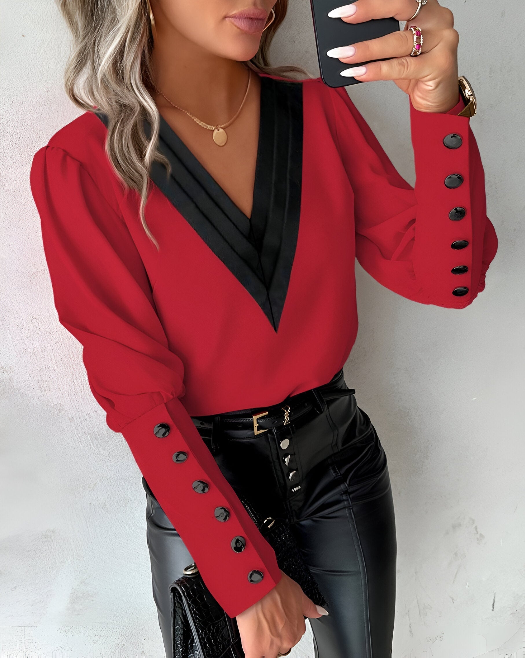 Women’s V-Neck Blouse – Color Block Casual Blouse – Caris