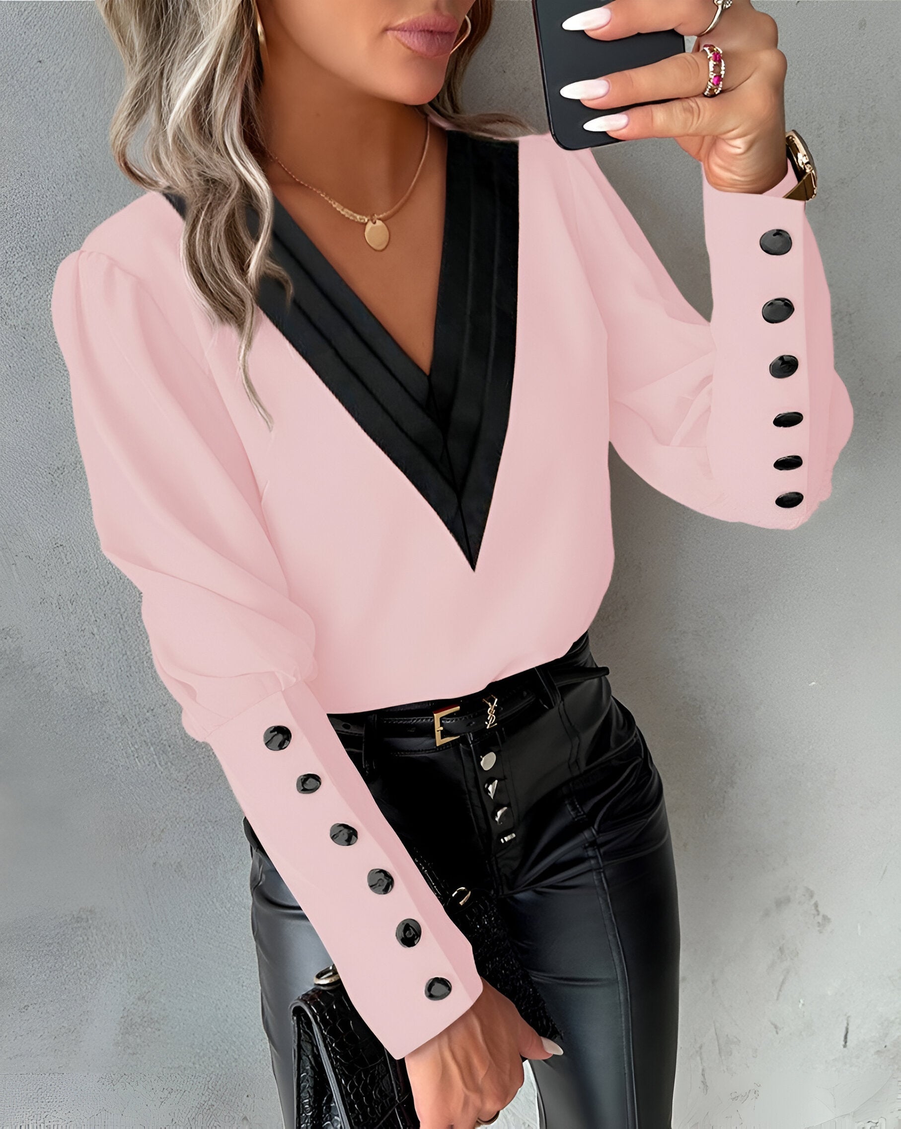 Women’s V-Neck Blouse – Color Block Casual Blouse – Caris