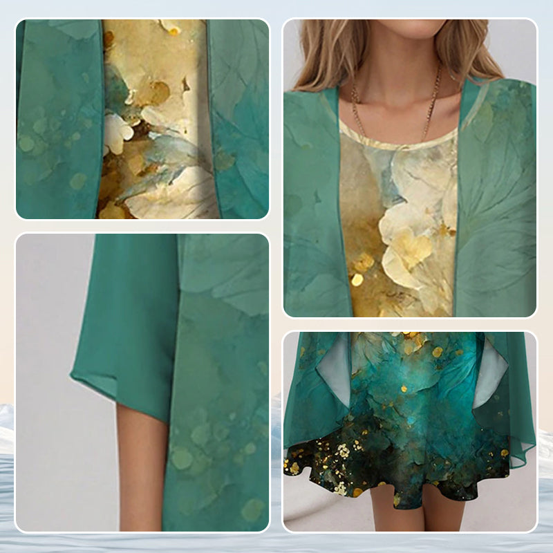 Women’s Two-Piece Dress Set - Lightweight Blouse and Matching Dress - Judith