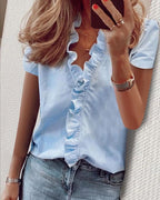 Women’s V-Neck Blouse – Ruffle Feminine Chic Blouse – Stella