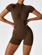 Women’s Jumpsuit – Seamless Zip Short Sleeve Active Jumpsuit – Elena