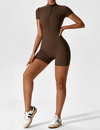 Women’s Jumpsuit – Seamless Zip Short Sleeve Active Jumpsuit – Elena